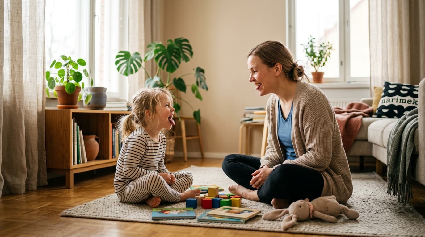 Iloinen noin 5-vuotias lapsi ja hänen äitinsä istuvat lattialla vastakkain ja harjoittelevat yhdessä. Lapsi on suun auki ja n