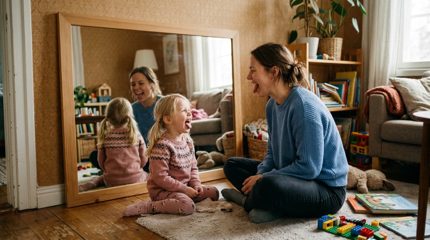 Iloinen 4-vuotias lapsi ja vanhempi istuvat lattialla peilin edessä ja tekevät kielijumppaa yhdessä, lapsi nauraa, valoisa ko