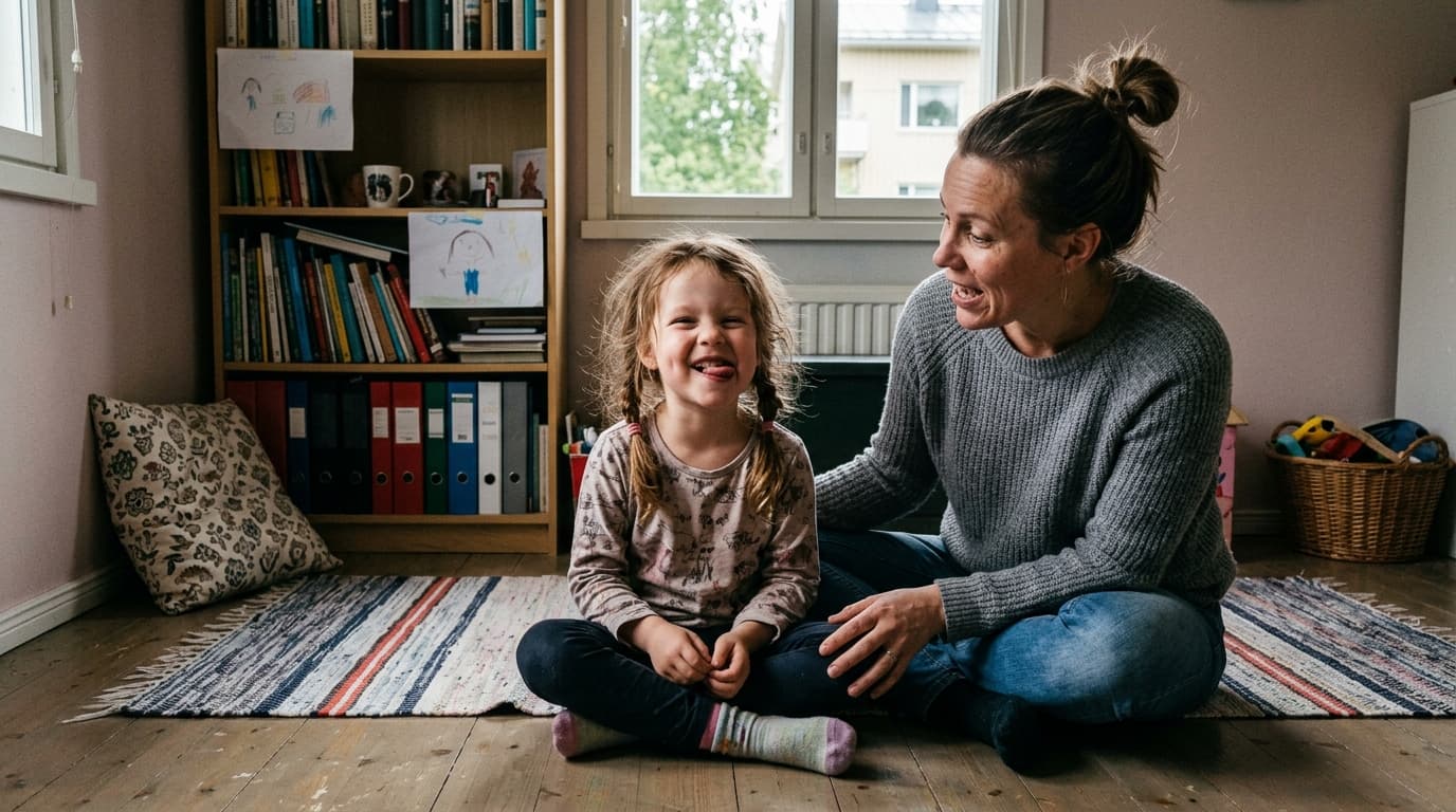 Iloinen 6-vuotias lapsi ja vanhempi istuvat lattialla vierekkäin, lapsi tekee suuharjoituksia ja nauraa, valoisa suomalainen 