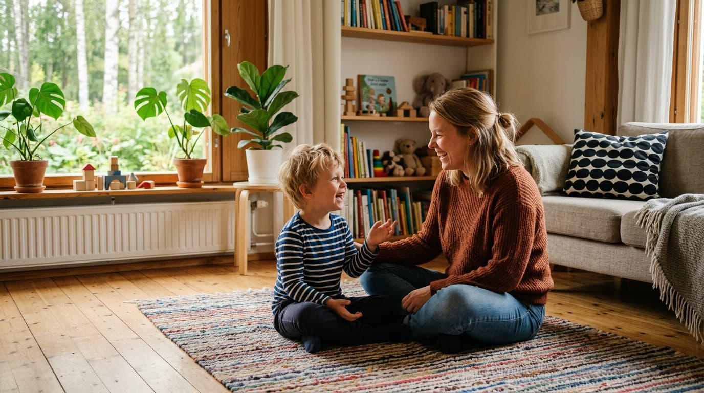 Iloinen 5-vuotias lapsi ja hänen äitinsä istuvat lattialla yhdessä, lapsi harjoittelee puhumista ja naurahtaa, valoisa suomal