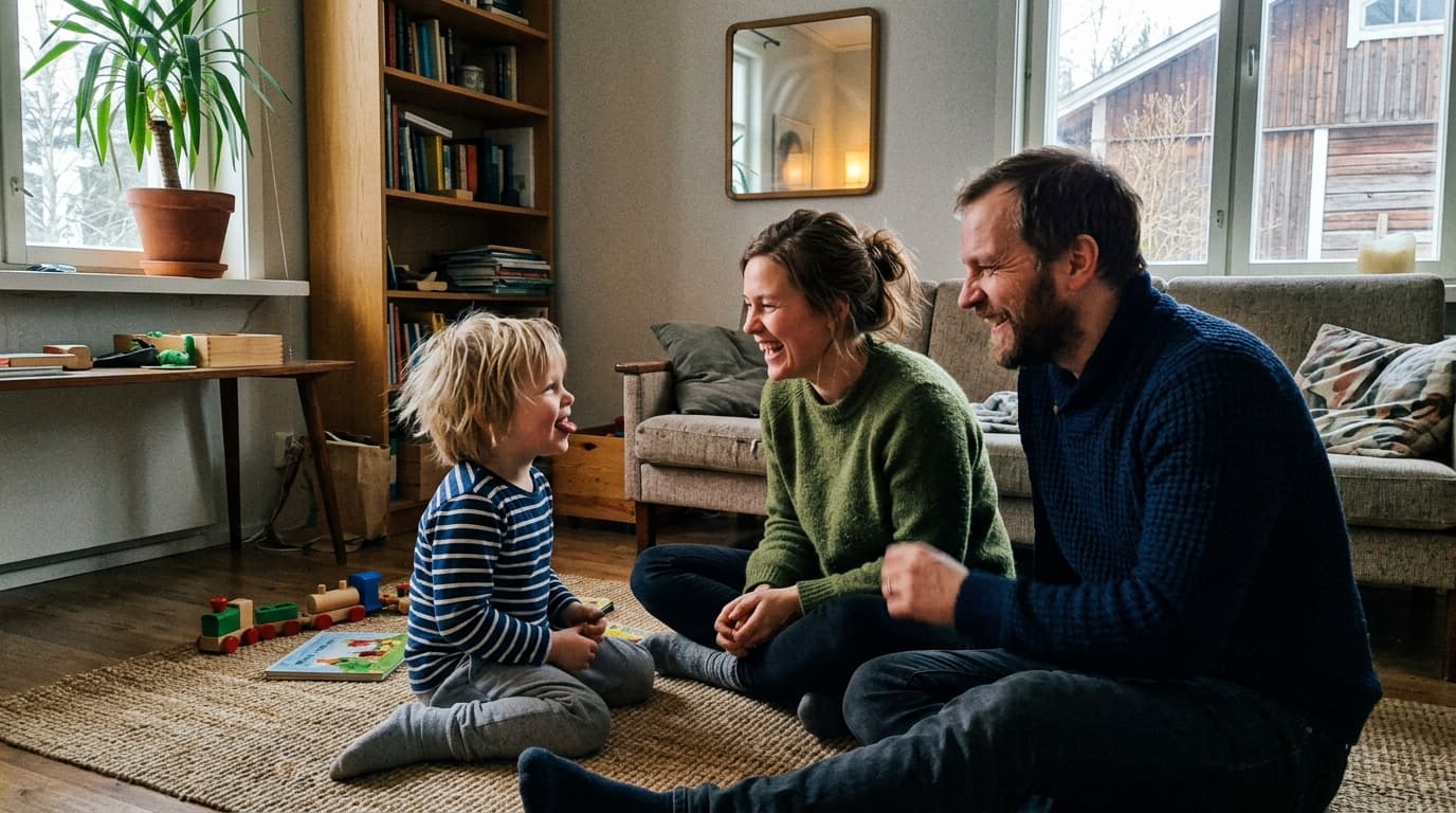 Iloinen noin 5-vuotias lapsi ja hänen vanhempansa istuvat lattialla vastakkain, lapsi näyttää kieltään ja molemmat nauravat. 