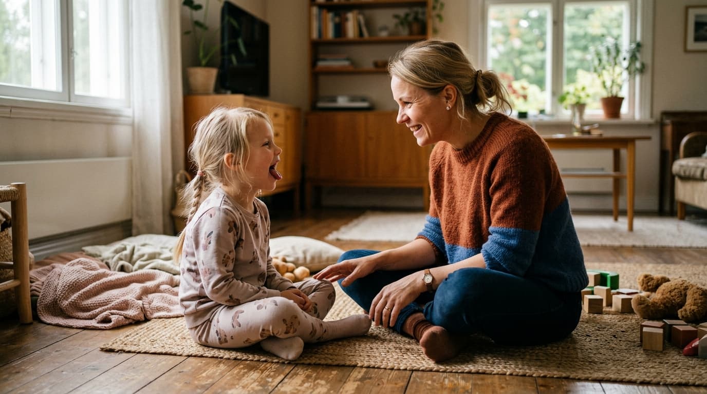 Lämmin, luonnollinen valokuva: aikuinen ja 5-vuotias lapsi istuvat lattialla vastakkain, lapsi harjoittelee kielen liikkeitä 